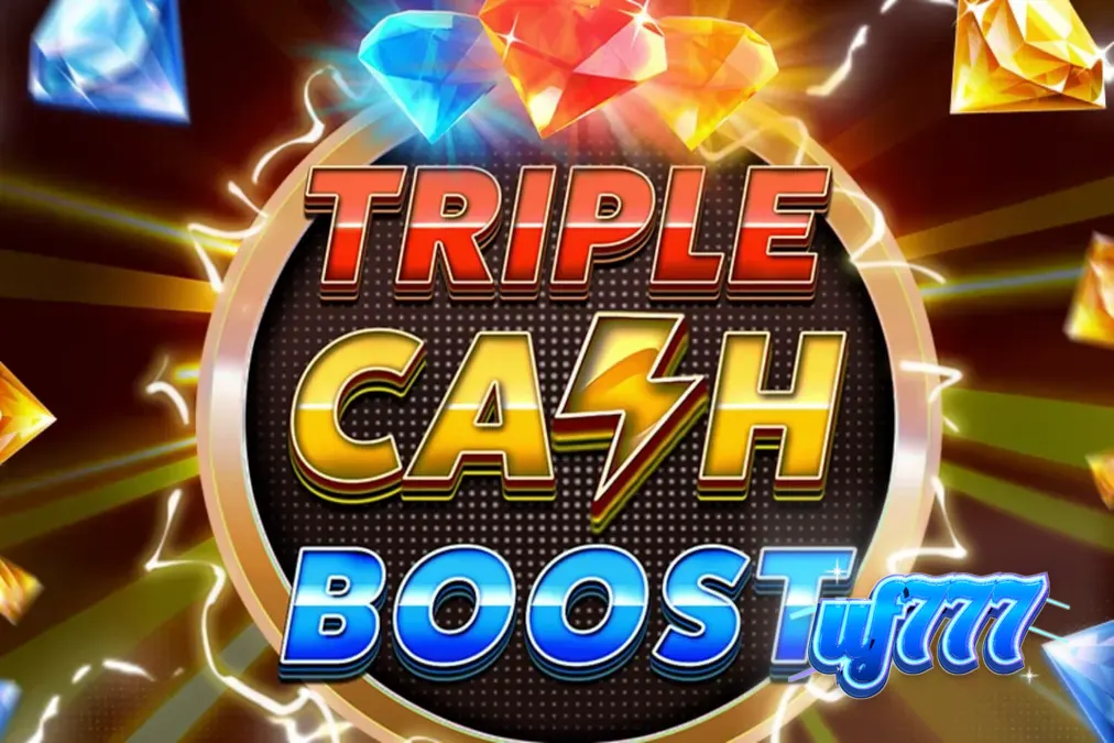 Tampilan visual neon futuristik dari slot Triple Cash Boost dengan simbol buah modern
